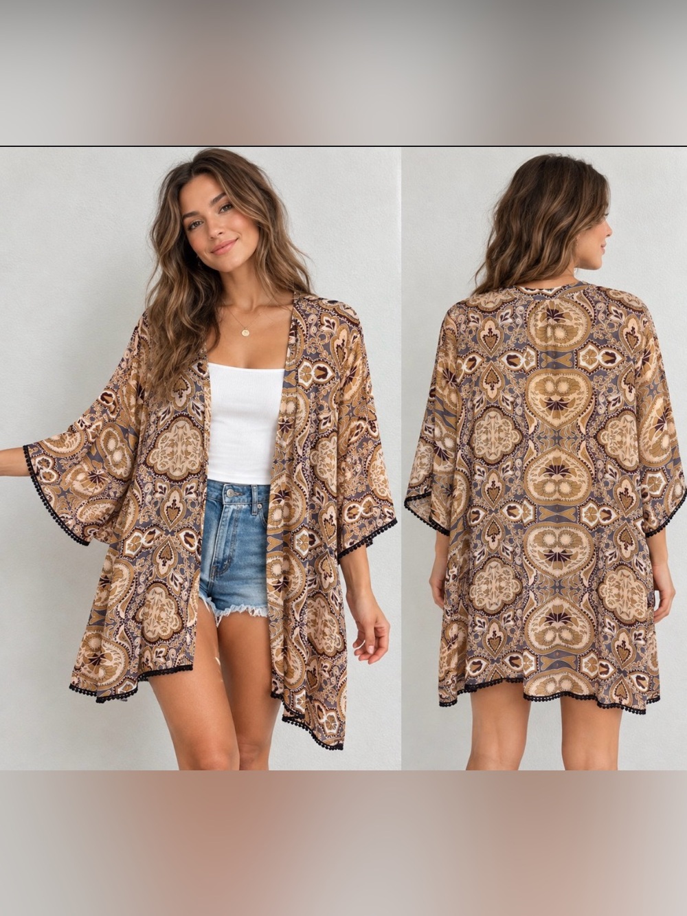 chic Beige, Black and Brown Paisley-Print Kimono Robe